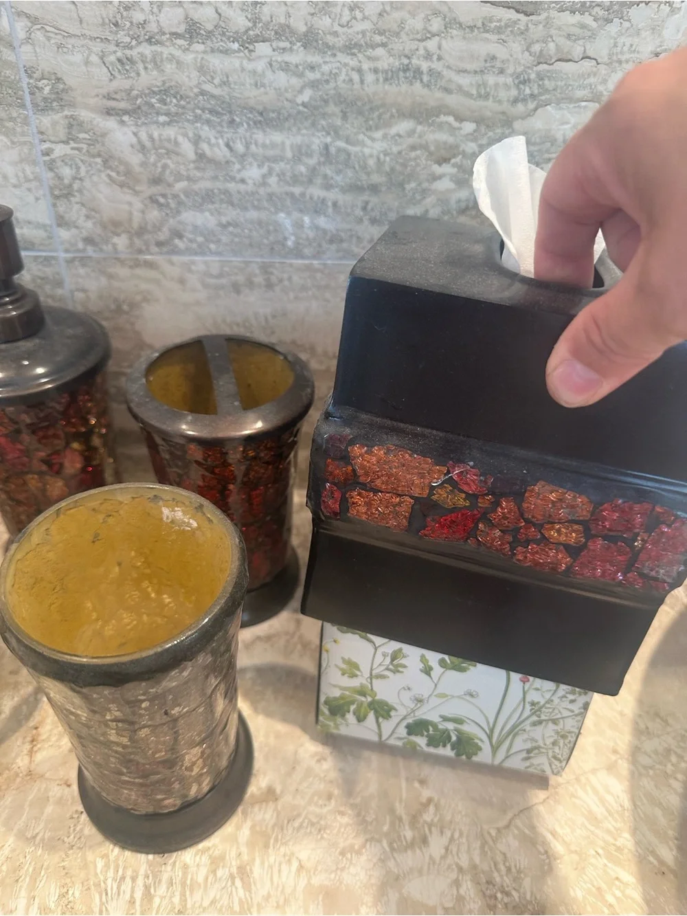Decorative Yellow and Red Mosaic Bathroom Accessory Set Lot of 6 items